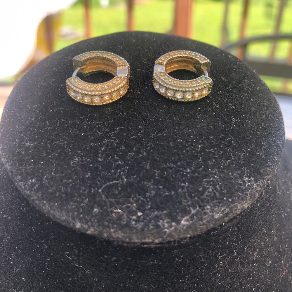 Vintage Gold Tone Huggie Hoop Earrings with Rhinestone Embellishment